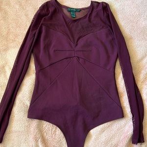 Red Wine Coloured Bodysuit with Sweetheart Neckline and Mesh Sleeves & Top Half